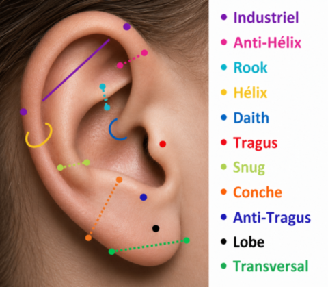 Piercings de l'oreille, industriel, hélix, conche, tragus, lobe